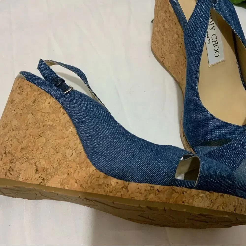 Jimmy Choo Amely 105 Slingback Sandals Denim Cork Wedges size 39.5